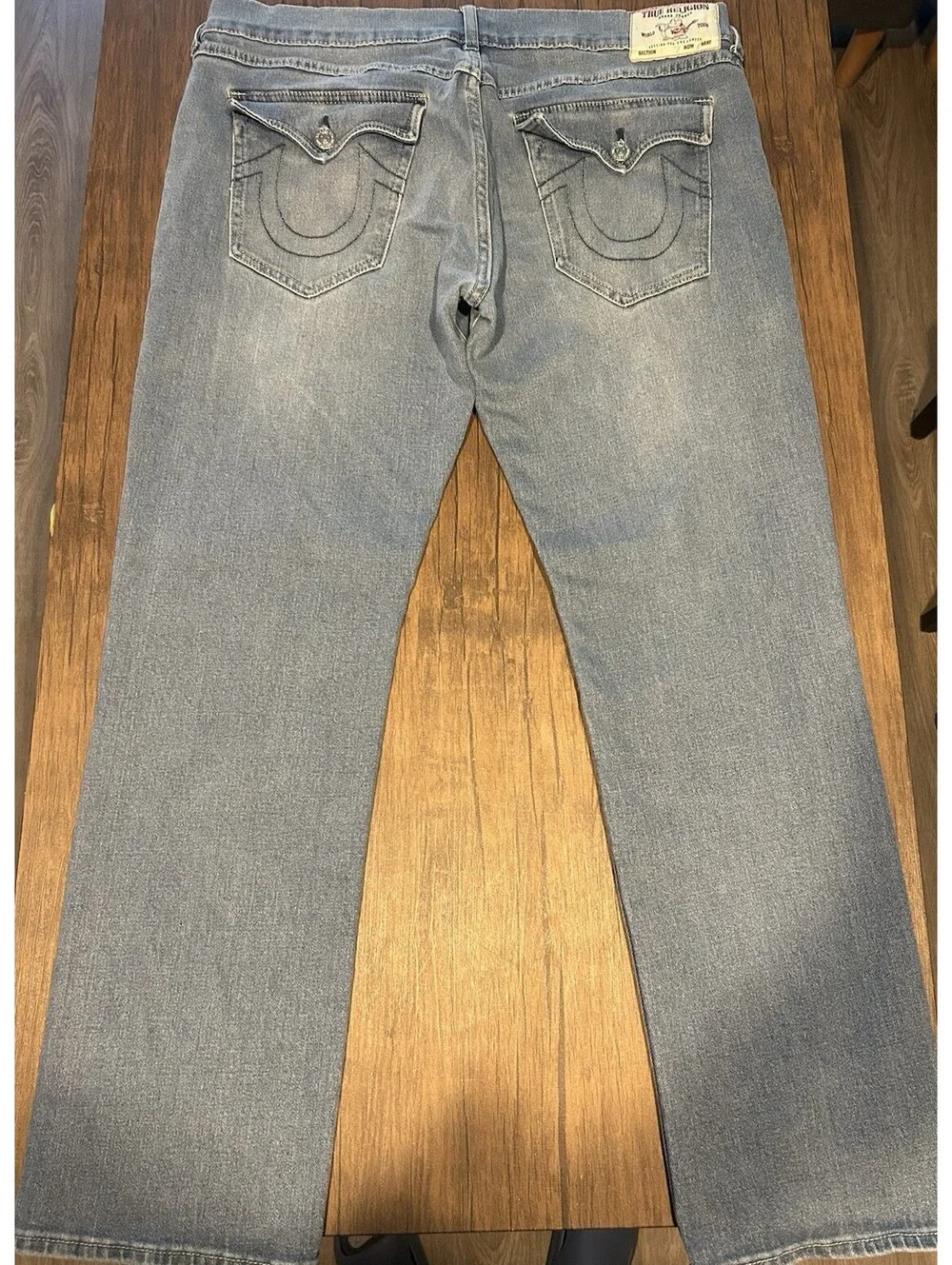 True Religion Ricky Relaxed Straight Jeans Mens 38 Light Wash Flap Pocket Denim